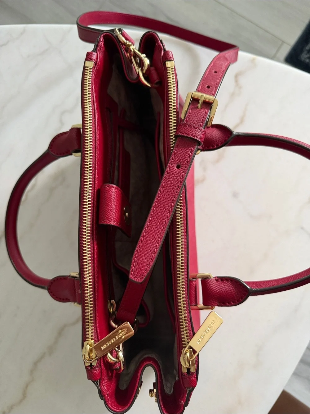 Michael Kors Cherry Red Saffiano Satchel with Gold Hardware